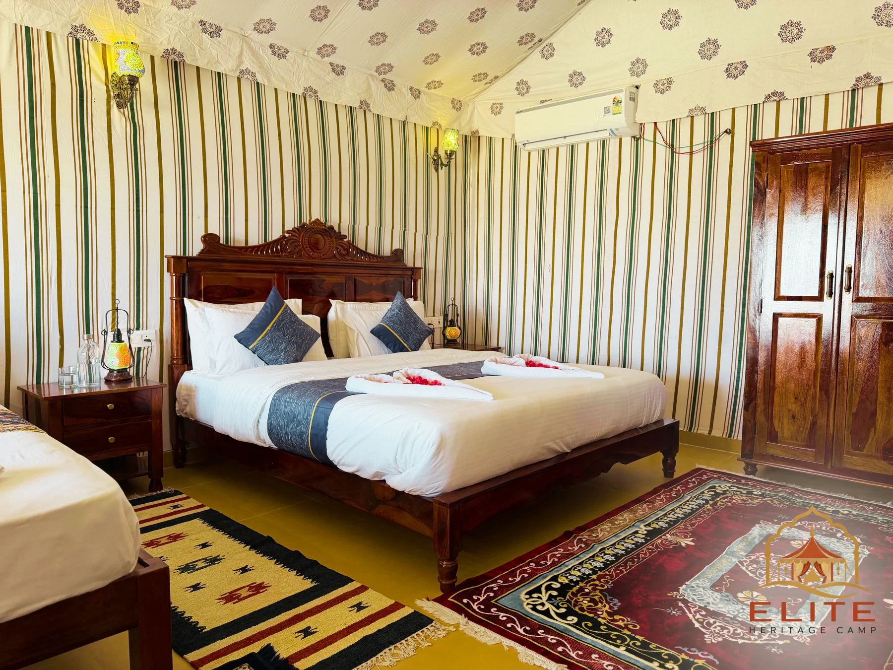 Royal Luxury Swiss Tent bedroom at Elite Heritage Camp, Jaisalmer