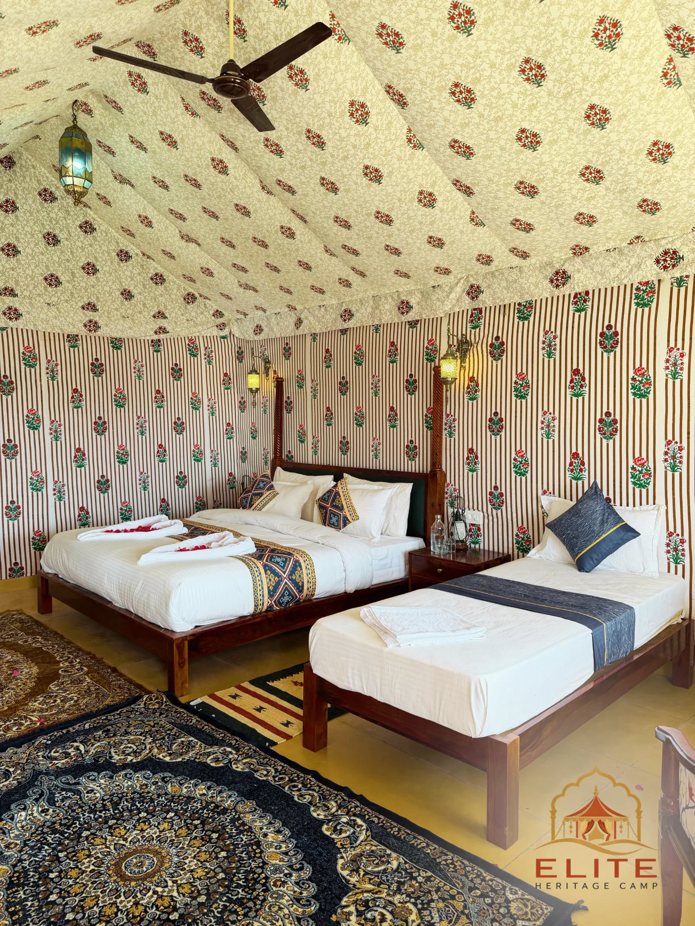 Royal Swiss Tent bedroom at Elite Heritage Camp, Jaisalmer